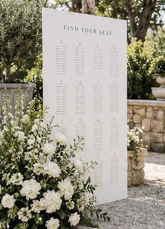 White wedding seating chart with a floral display; design example