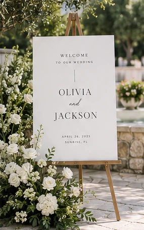 Personalized wedding welcome sign on an easel; design example
